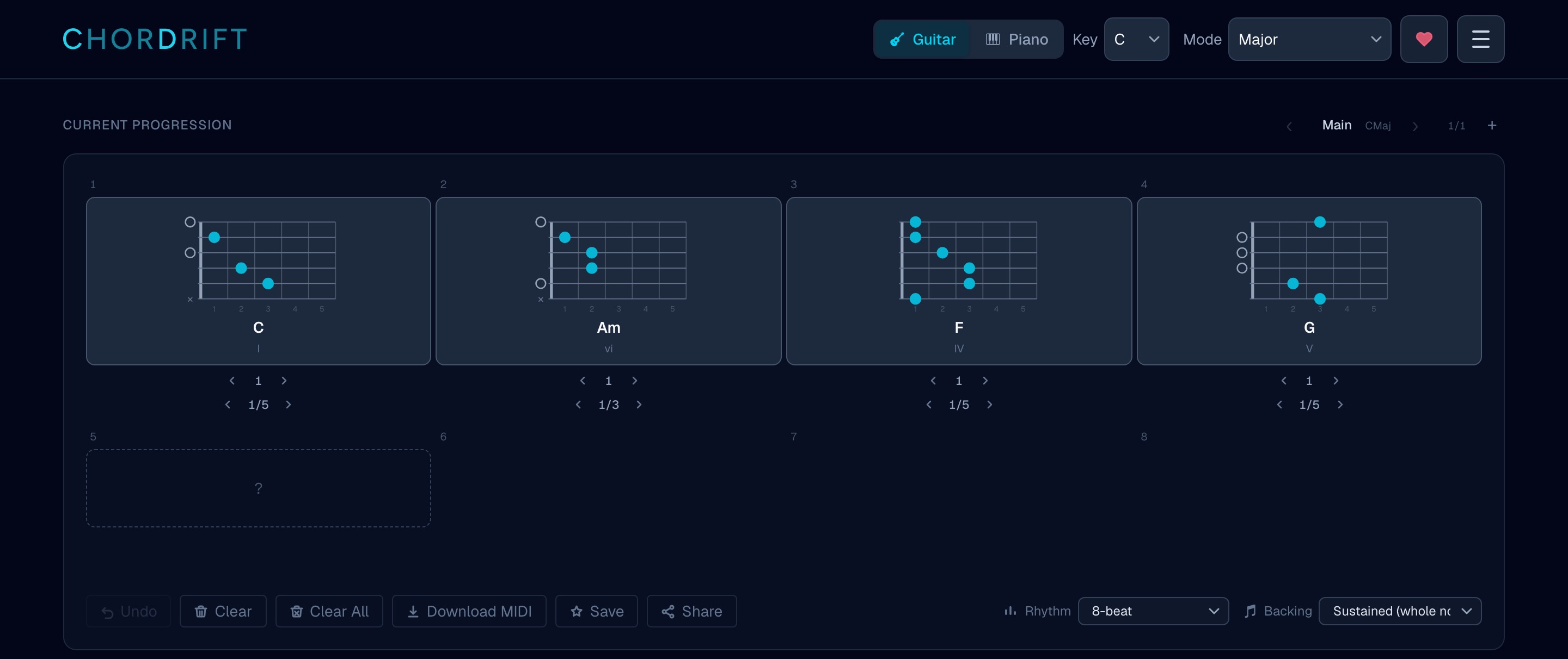 Chordrift main screen: a C→Am→F→G progression with a guitar fretboard